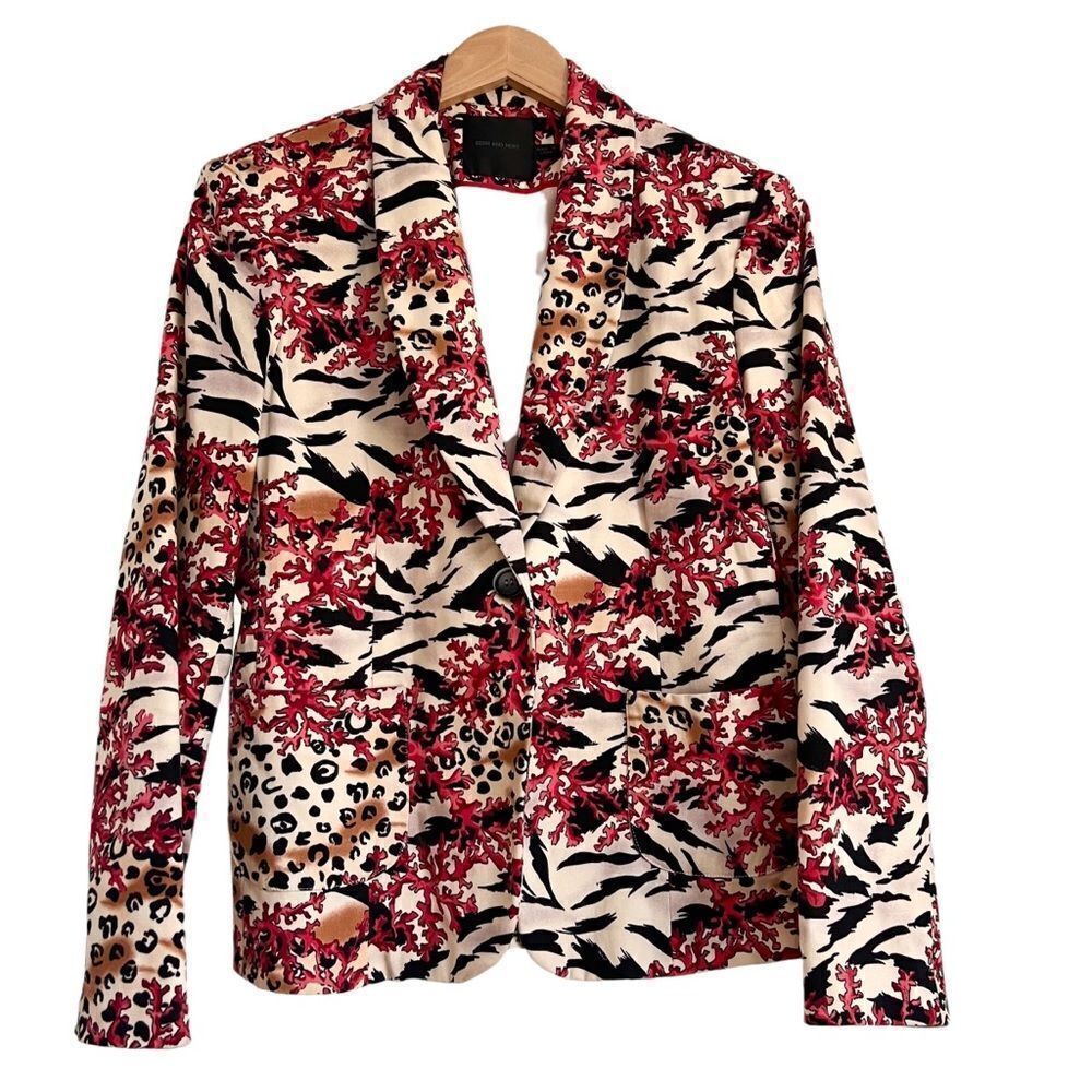 Bern and Mort One Button Blazer Jacket Red Coral and Animal Print Pattern 12P